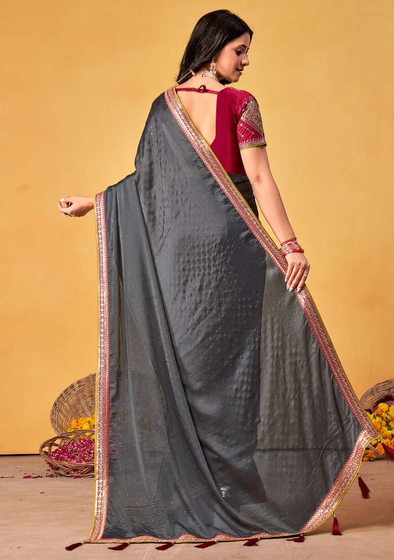 Grey Printed Georgette Saree Set for Diwali and Festive Wear - Indya