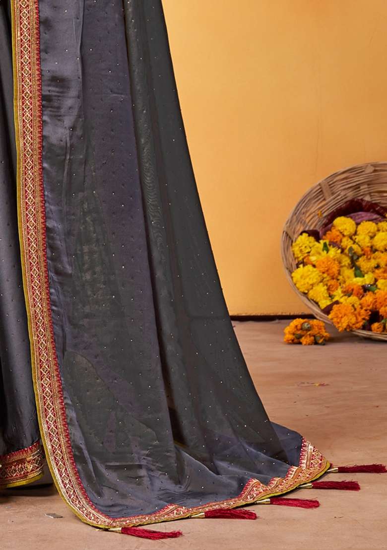 Grey Printed Georgette Saree Set for Diwali and Festive Wear - Indya