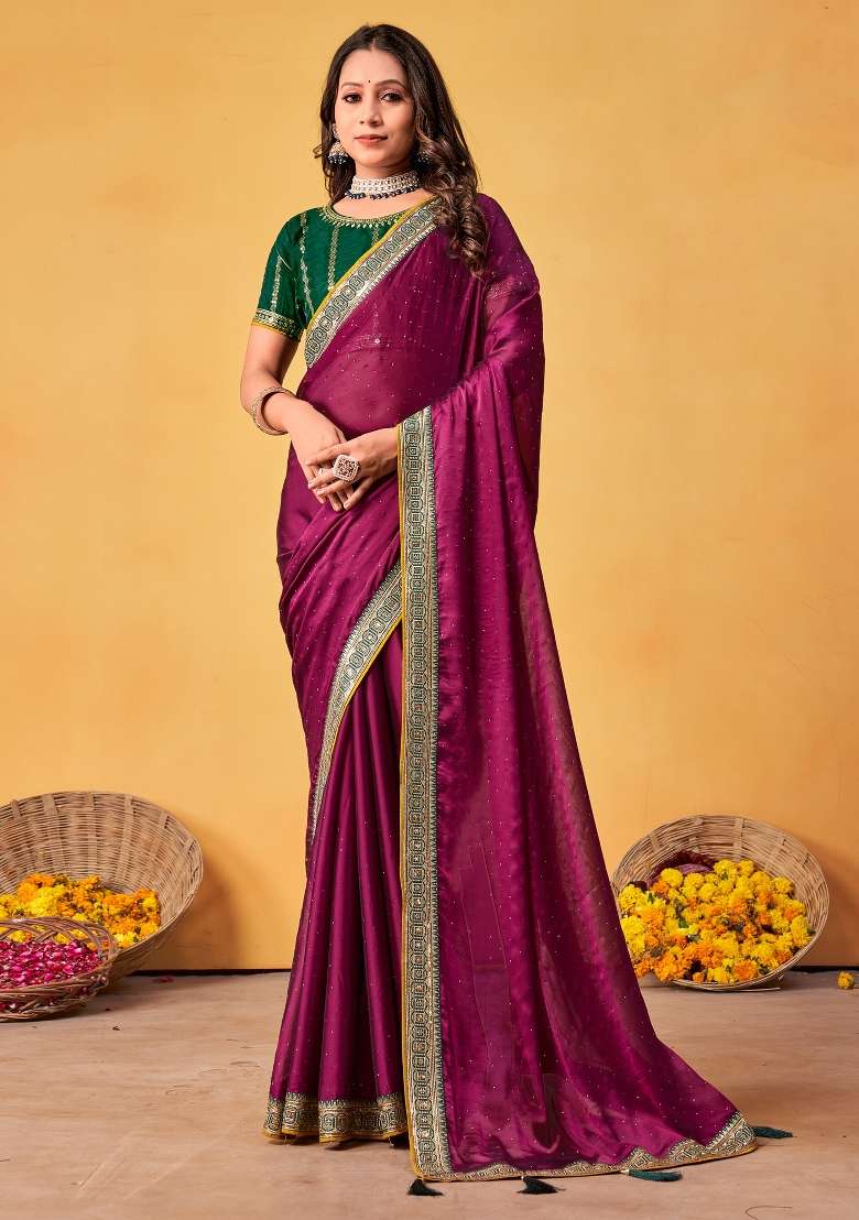 Magenta Printed Georgette Saree Set for Diwali and Festive Wear - Indya