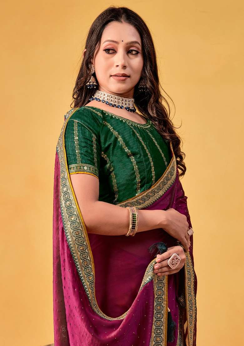 Magenta Printed Georgette Saree Set for Diwali and Festive Wear - Indya