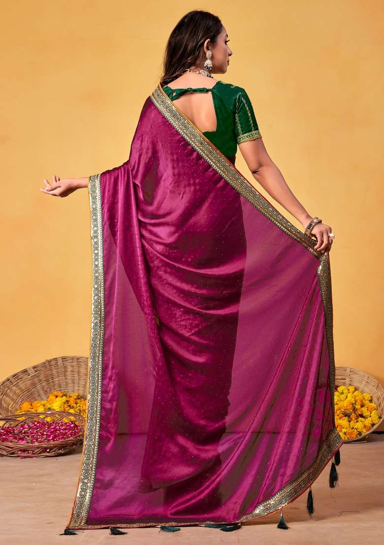 Magenta Printed Georgette Saree Set for Diwali and Festive Wear - Indya
