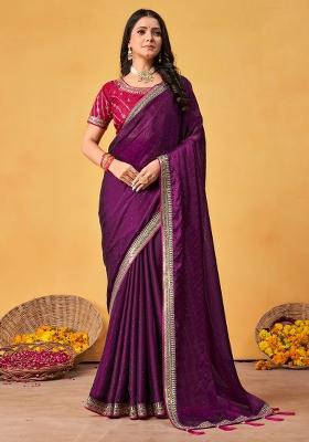 Purple Printed Georgette Saree Set