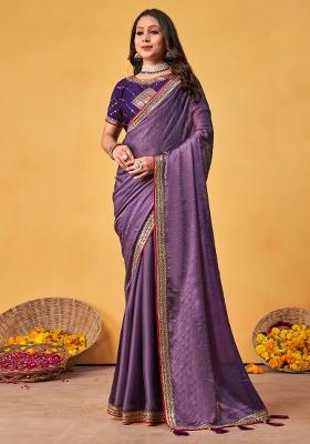 Lavender Printed Georgette Saree Set