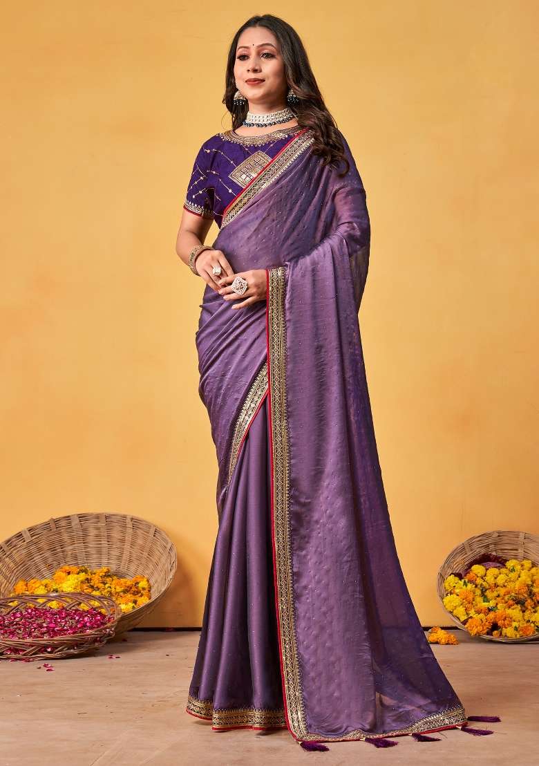 Lavender Georgette Saree Set with Printed for Diwali | Wedding & Festive Wear - Indya