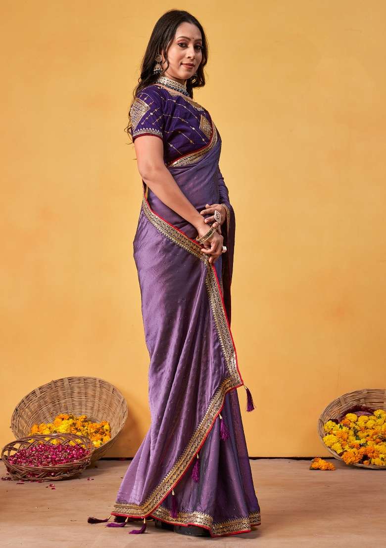 Lavender Georgette Saree Set with Printed for Diwali | Wedding & Festive Wear - Indya