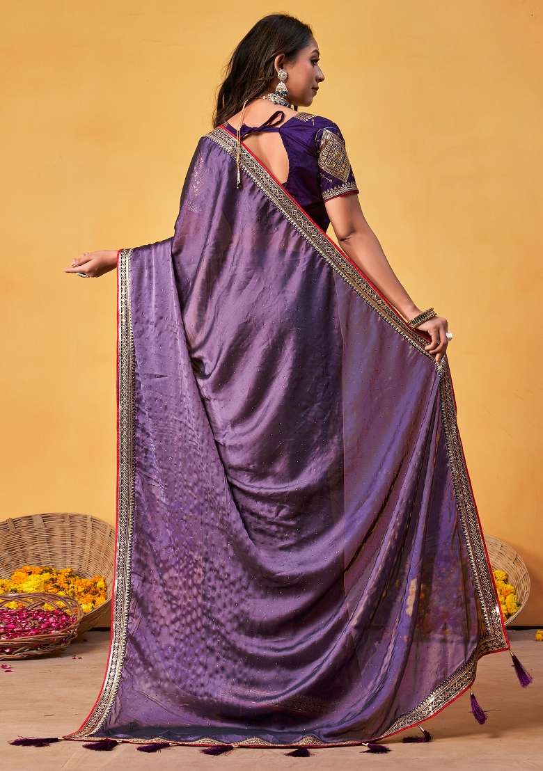 Lavender Georgette Saree Set with Printed for Diwali | Wedding & Festive Wear - Indya