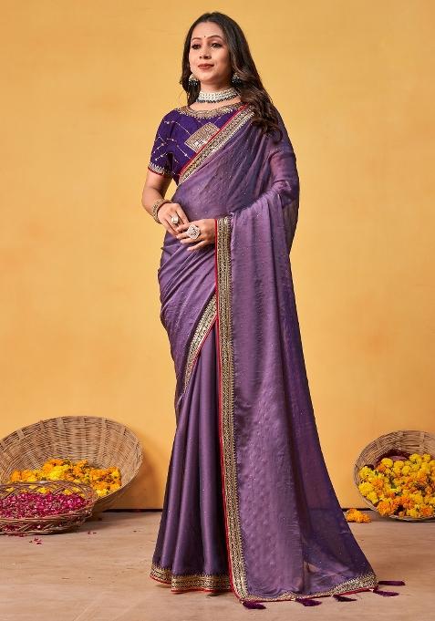 Lavender Printed Georgette Saree Set — view on Indya