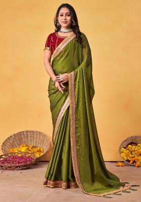 Olive Printed Georgette Saree Set