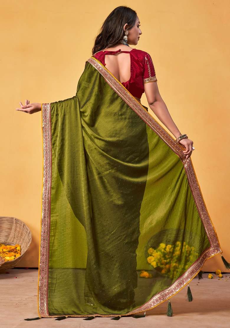 Olive Georgette Saree Set with Printed for Diwali | Wedding & Festive Wear - Indya