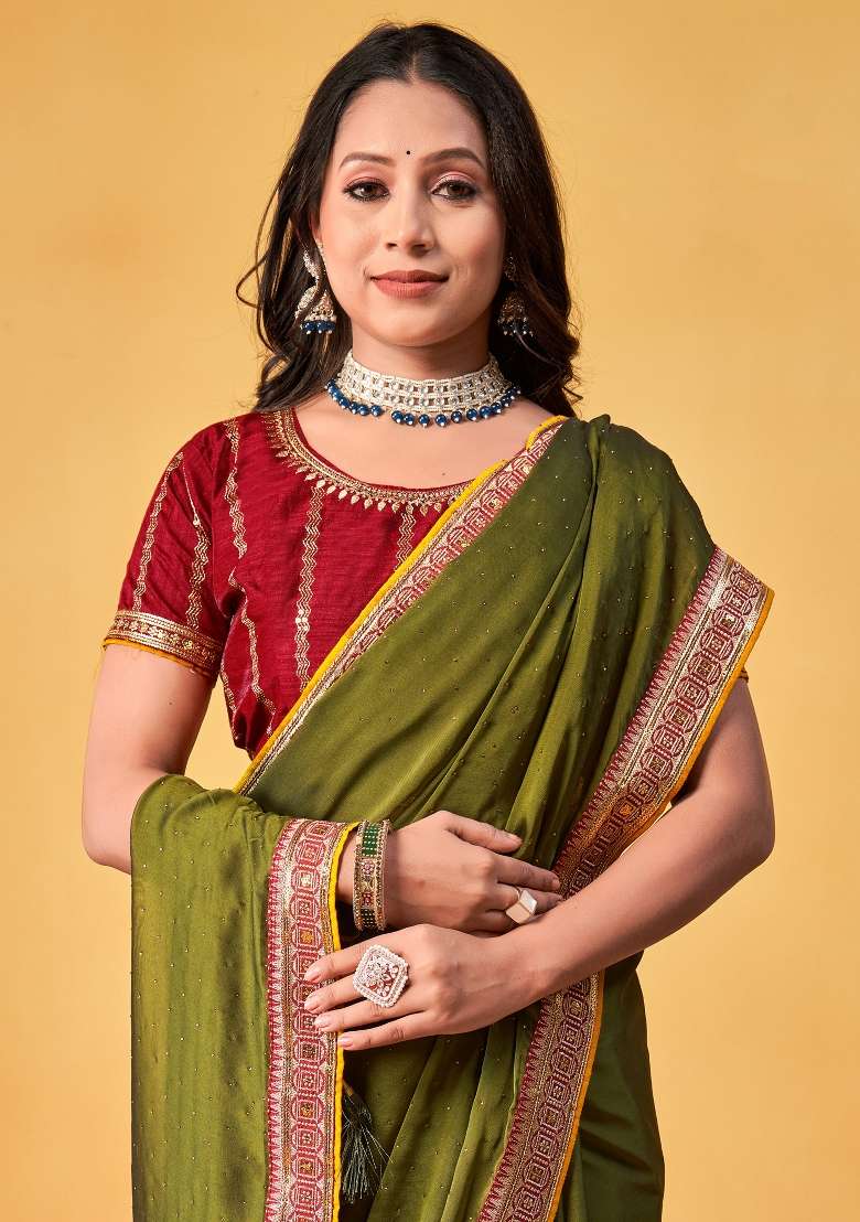 Olive Georgette Saree Set with Printed for Diwali | Wedding & Festive Wear - Indya