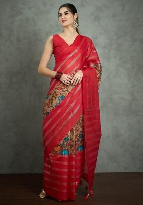Red Printed Kota Doria Cotton Saree Set