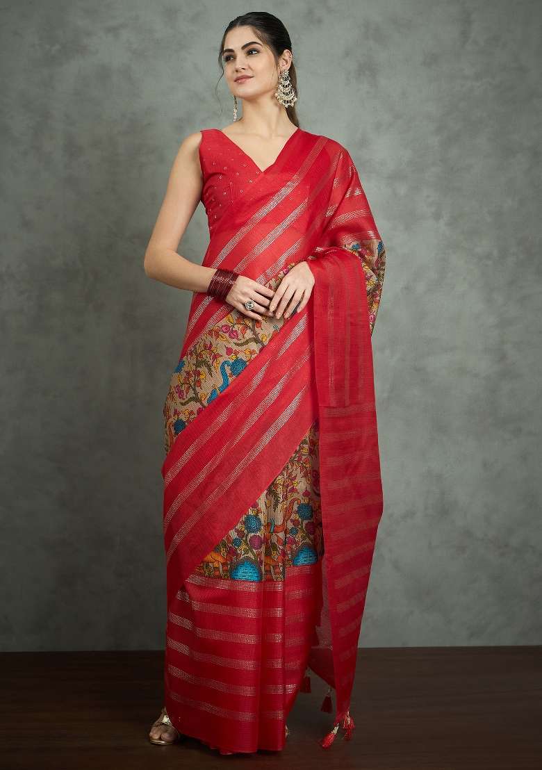 Red Printed Kota Doria Cotton Saree Set - Indya