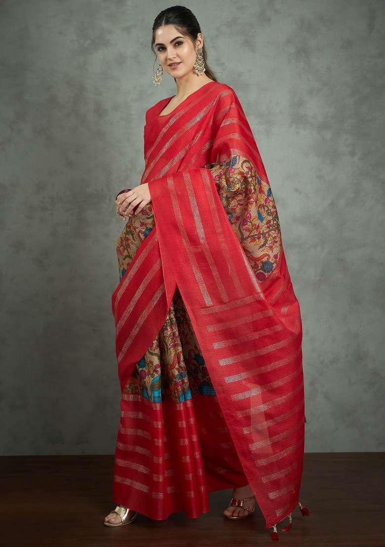 Red Printed Kota Doria Cotton Saree Set - Indya