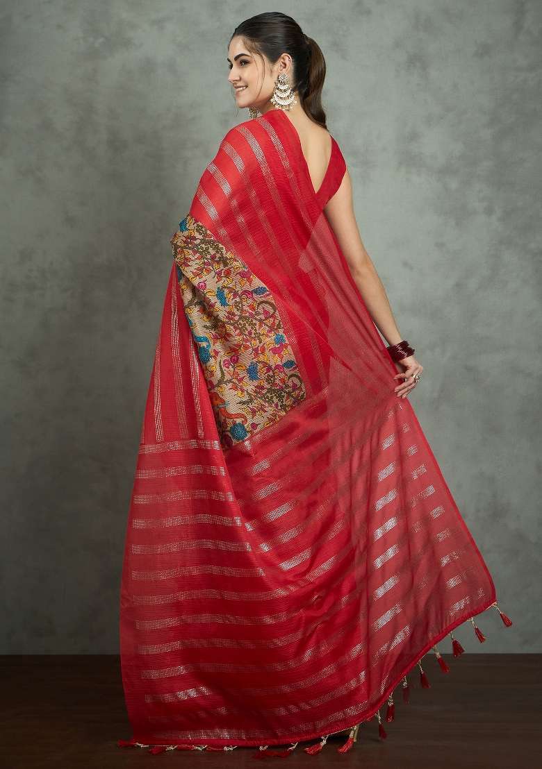 Red Printed Kota Doria Cotton Saree Set - Indya