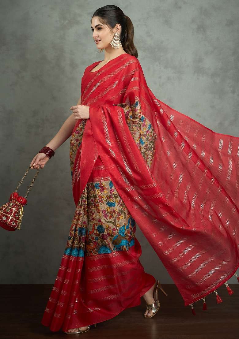 Red Printed Kota Doria Cotton Saree Set - Indya
