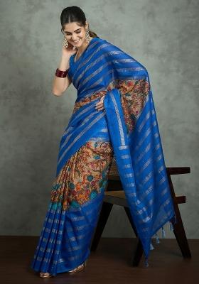 Blue Printed Kota Doria Cotton Saree Set