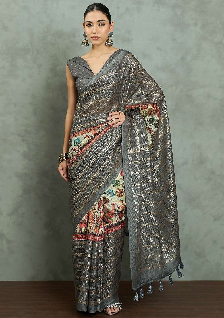 Grey Printed Kota Doria Cotton Saree Set - Indya