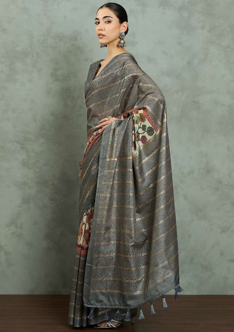 Grey Printed Kota Doria Cotton Saree Set - Indya