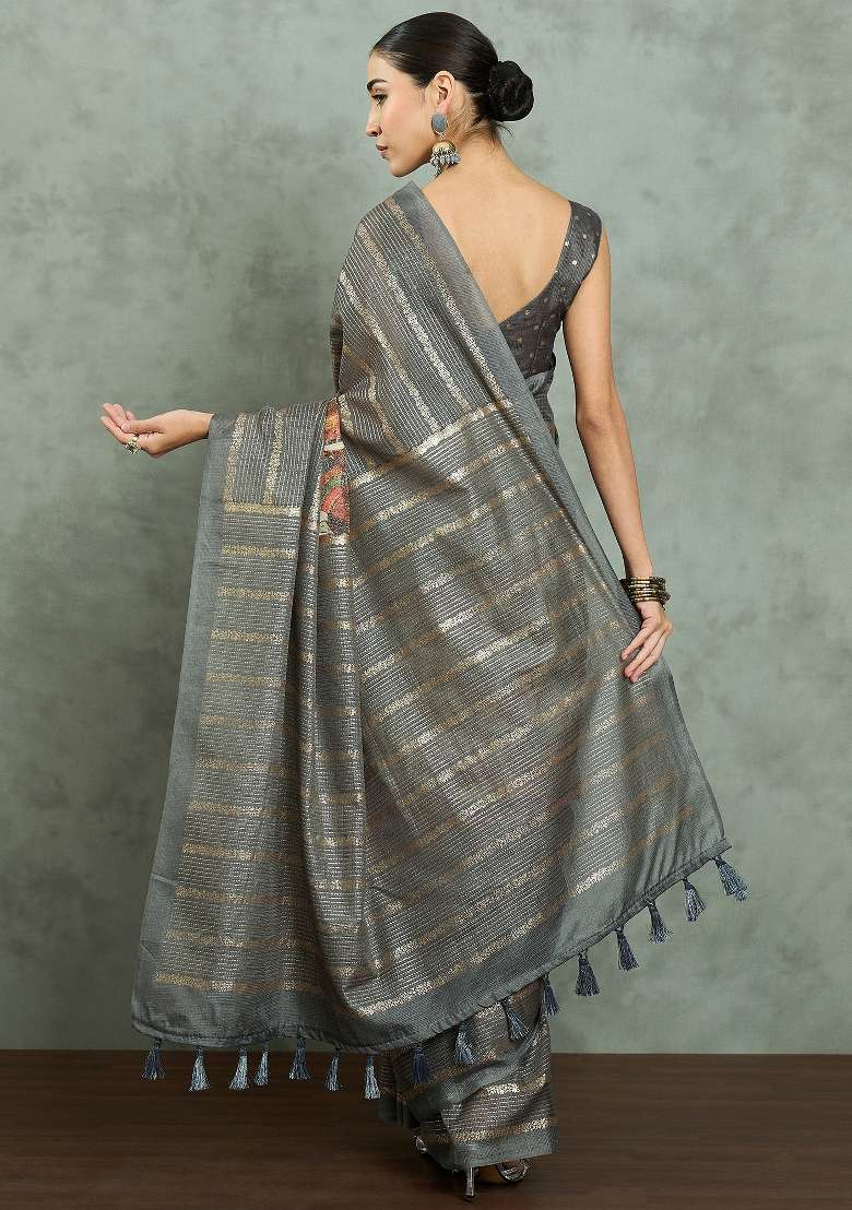 Grey Printed Kota Doria Cotton Saree Set - Indya