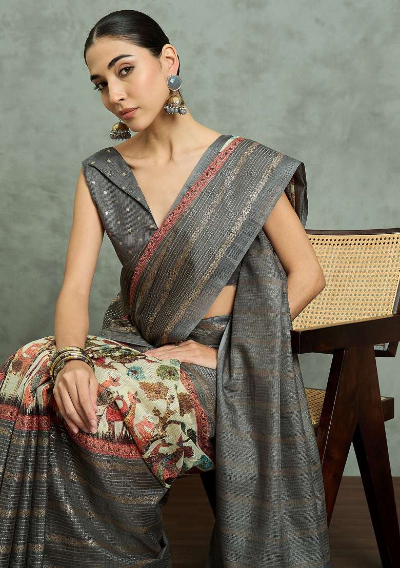 Grey Printed Kota Doria Cotton Saree Set - Indya