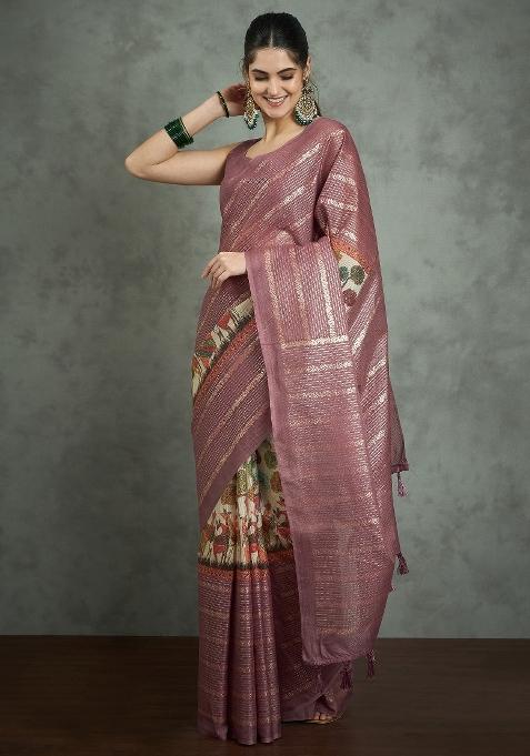 Mauve Printed Kota Doria Cotton Saree Set — view on Indya