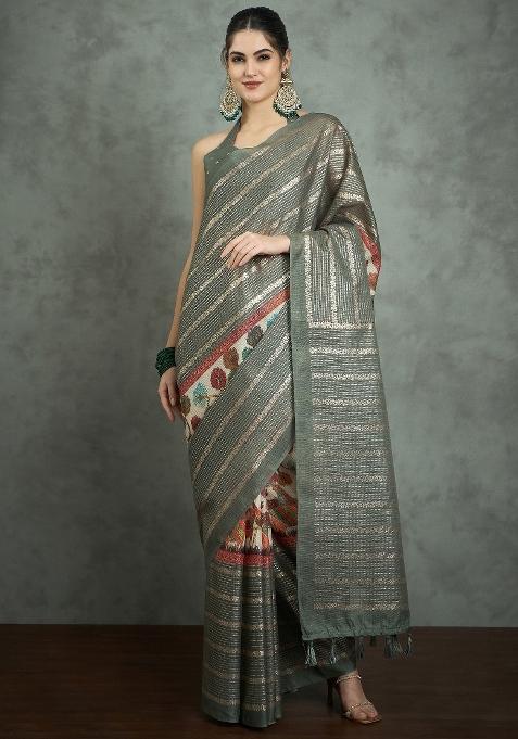 Sea Green Printed Kota Doria Cotton Saree Set — view on Indya