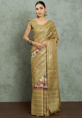 Gold Printed Kota Doria Cotton Saree Set
