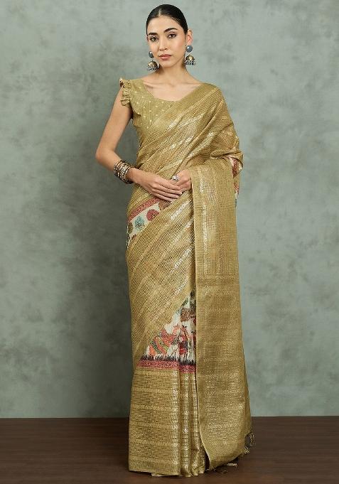 Gold Printed Kota Doria Cotton Saree Set — view on Indya