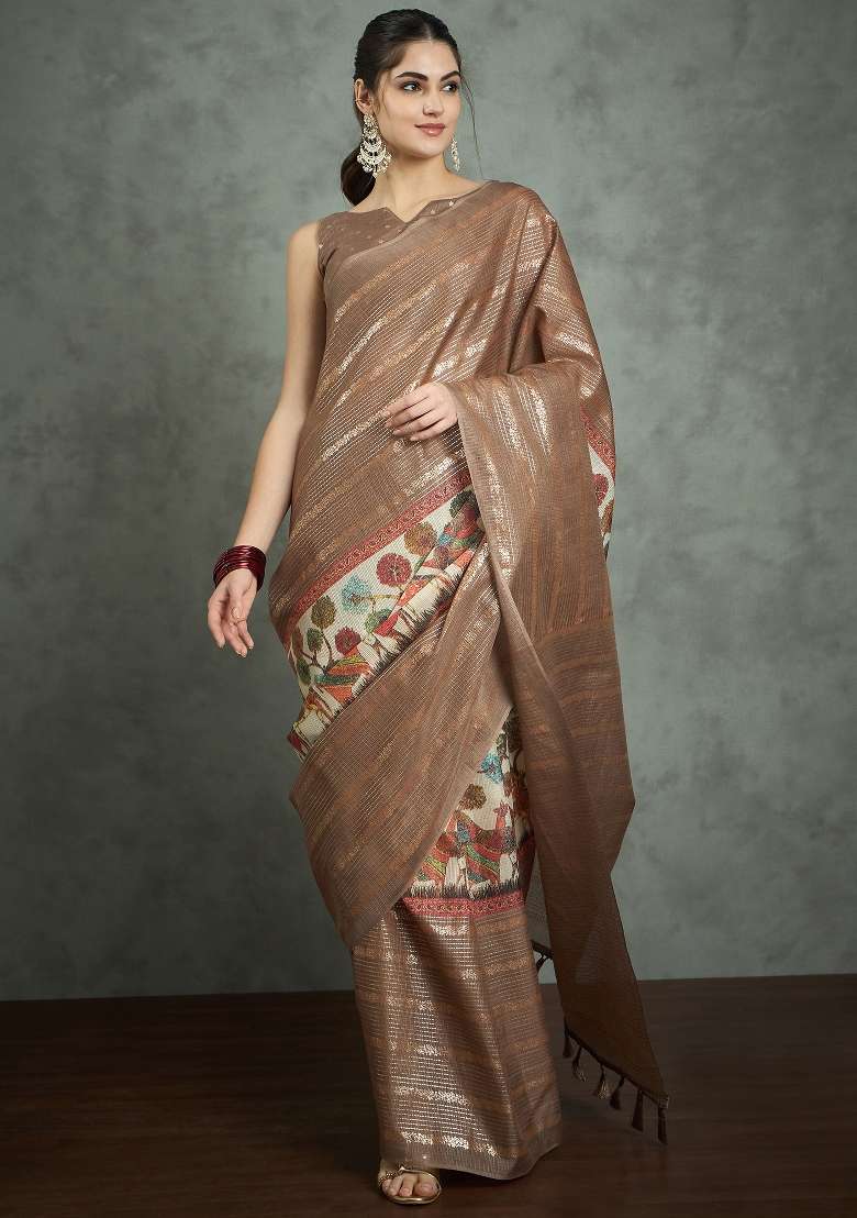 Brown Printed Kota Doria Cotton Saree Set - Indya