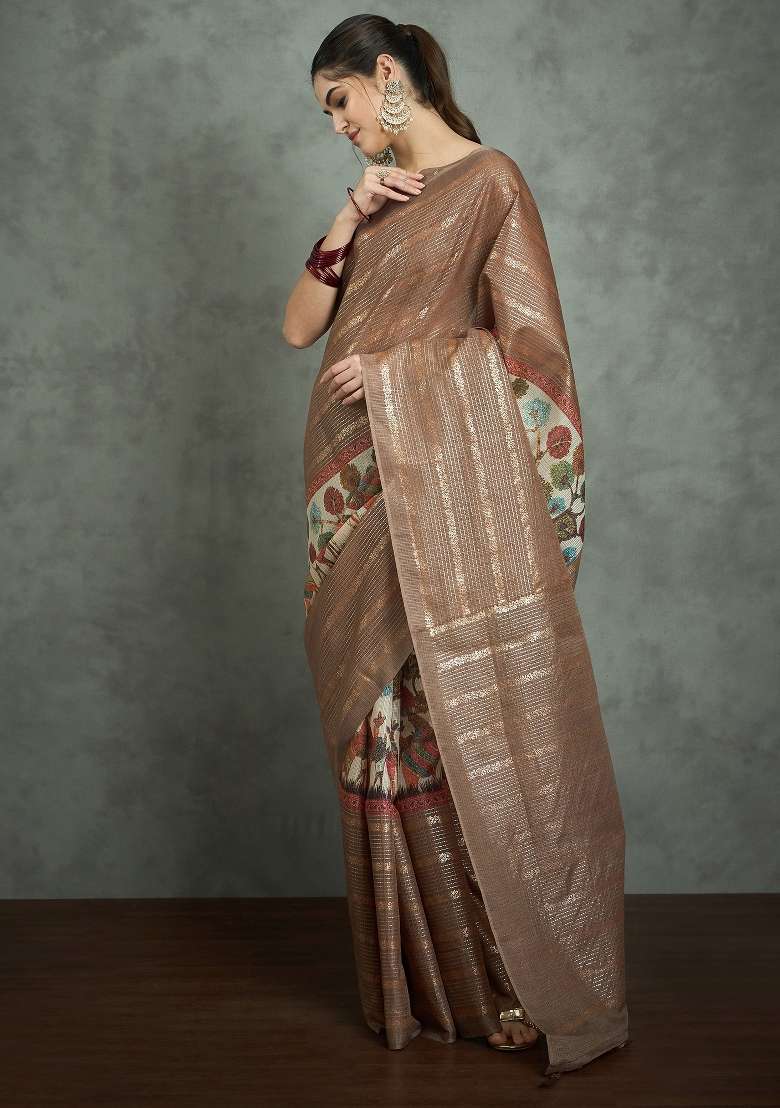 Brown Printed Kota Doria Cotton Saree Set - Indya