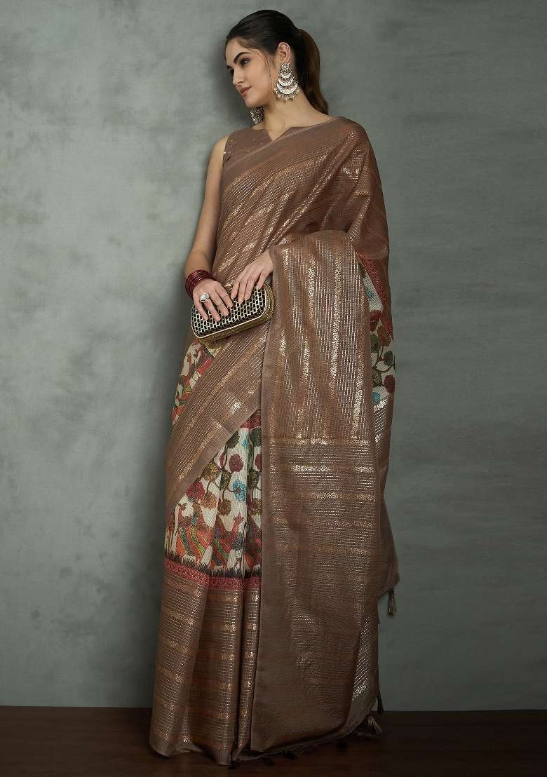 Brown Printed Kota Doria Cotton Saree Set - Indya