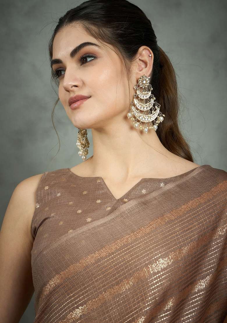 Brown Printed Kota Doria Cotton Saree Set - Indya