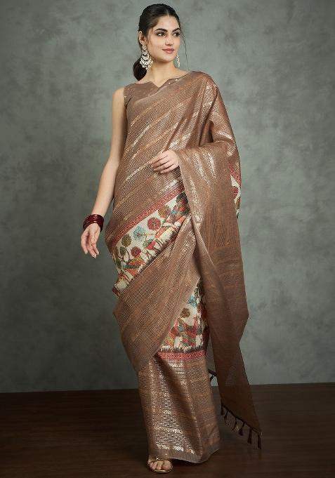Brown Printed Kota Doria Cotton Saree Set — view on Indya