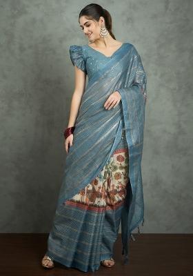 Blue Printed Kota Doria Cotton Saree Set