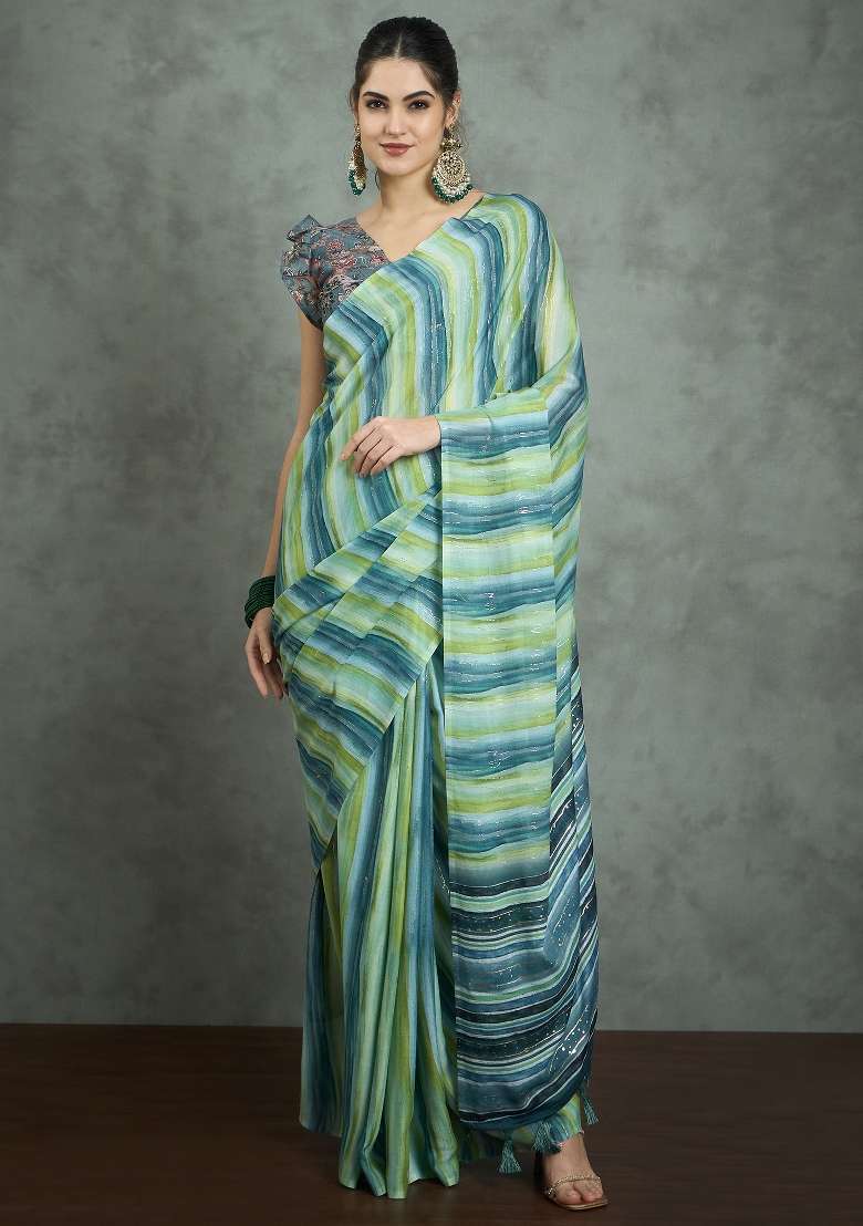 Sea Green Printed Georgette Saree Set - Indya