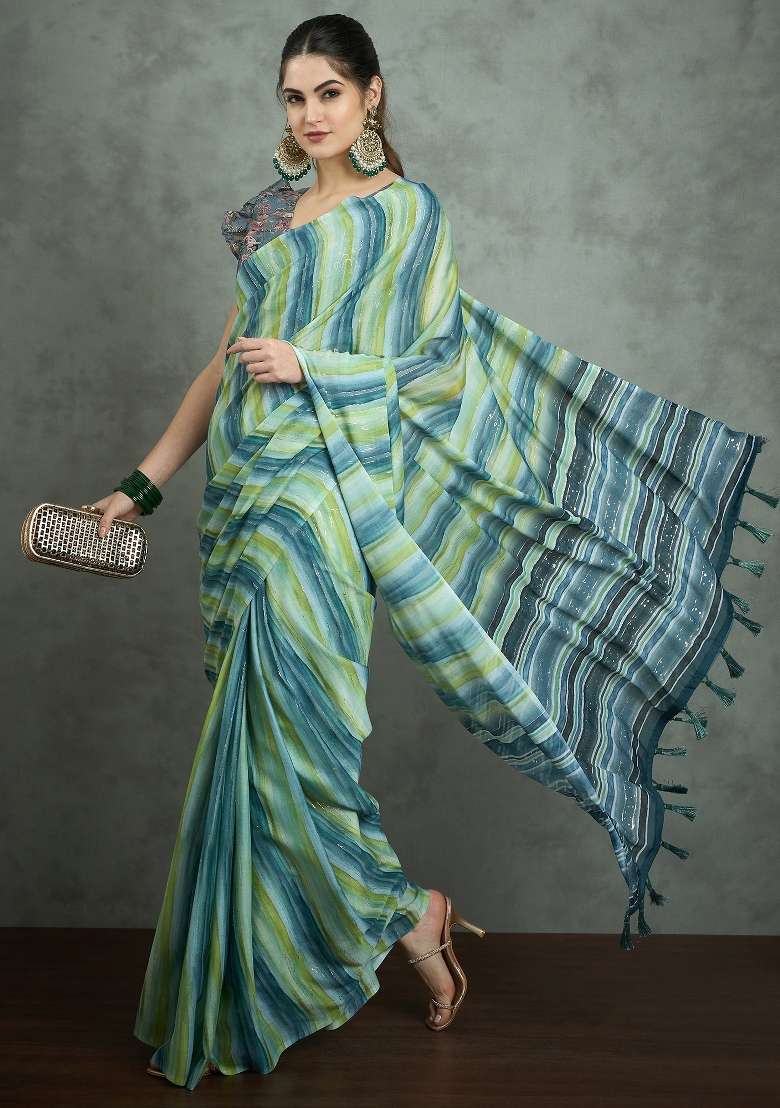 Sea Green Printed Georgette Saree Set - Indya