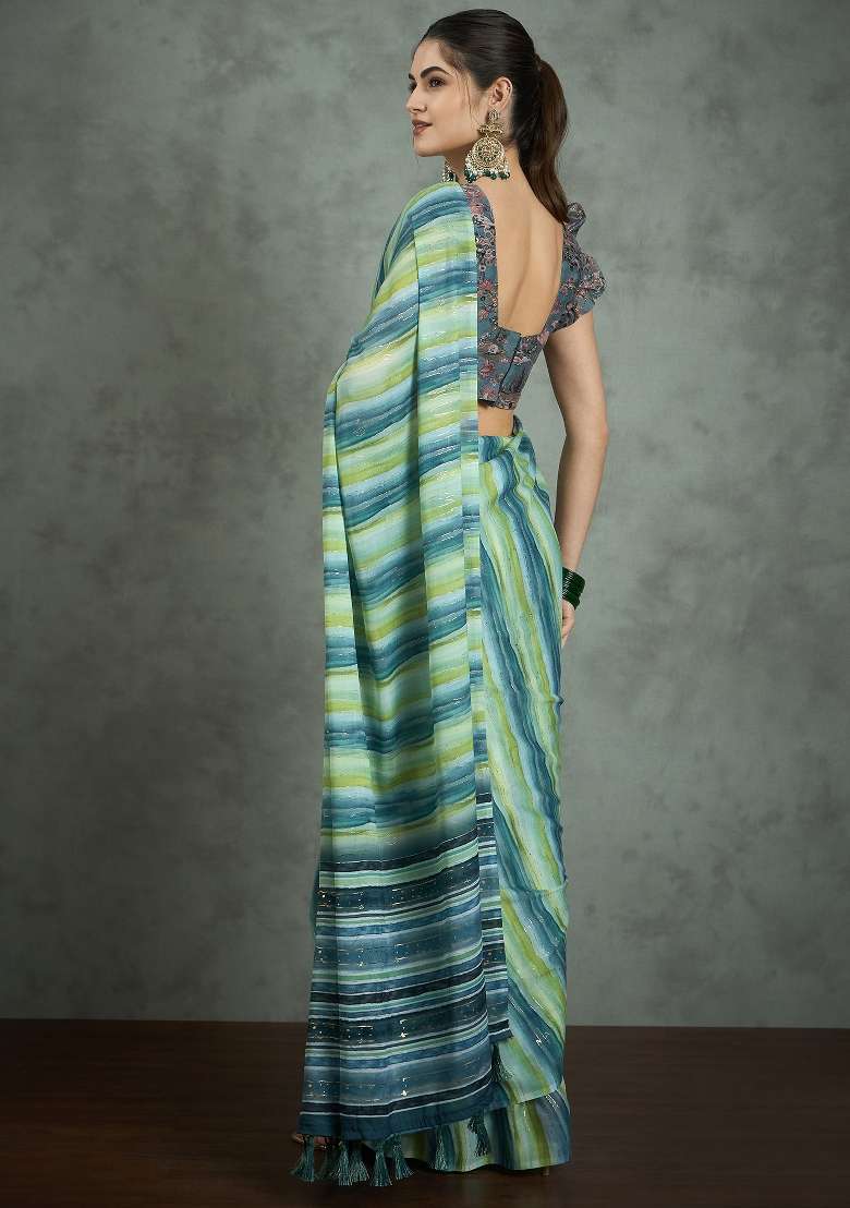 Sea Green Printed Georgette Saree Set - Indya