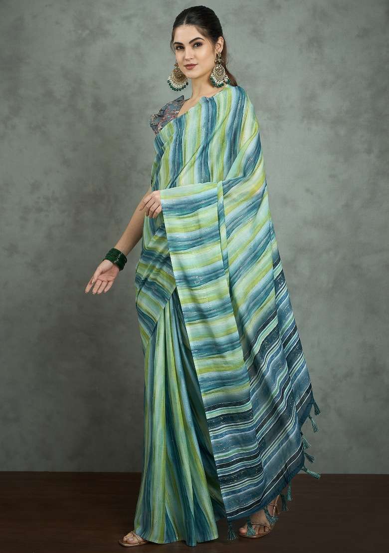 Sea Green Printed Georgette Saree Set - Indya