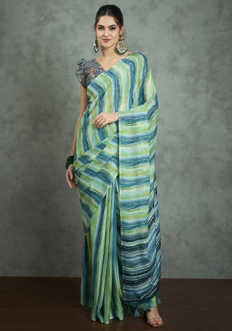 Sea Green Printed Georgette Saree Set — view on Indya