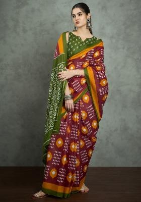 Maroon Printed Cotton Saree Set