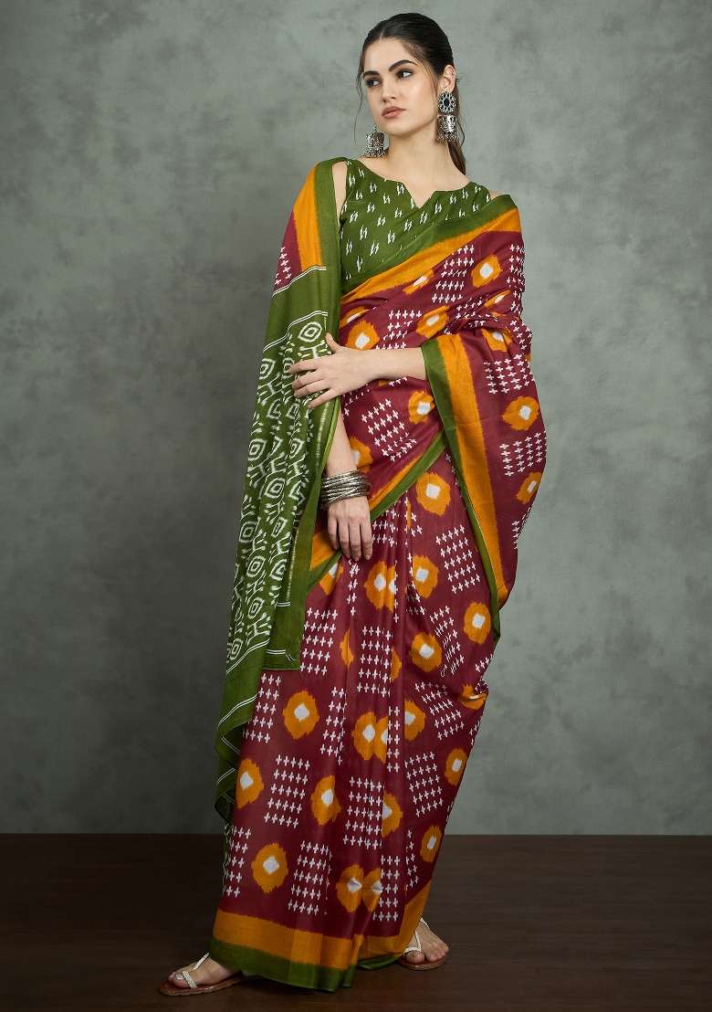 Maroon Printed Cotton Saree Set - Indya
