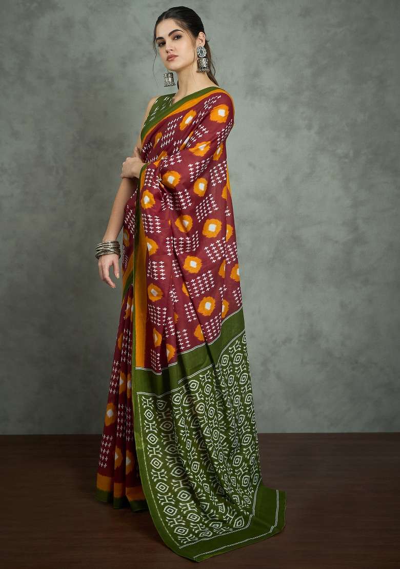 Maroon Printed Cotton Saree Set - Indya
