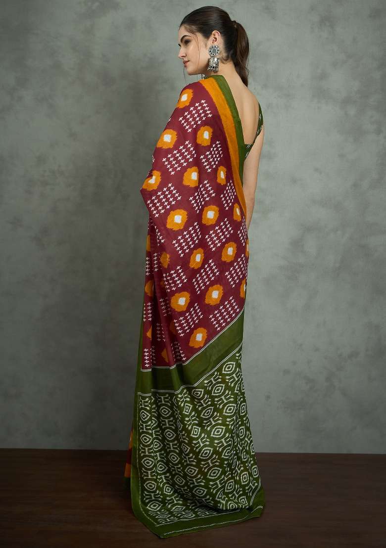 Maroon Printed Cotton Saree Set - Indya