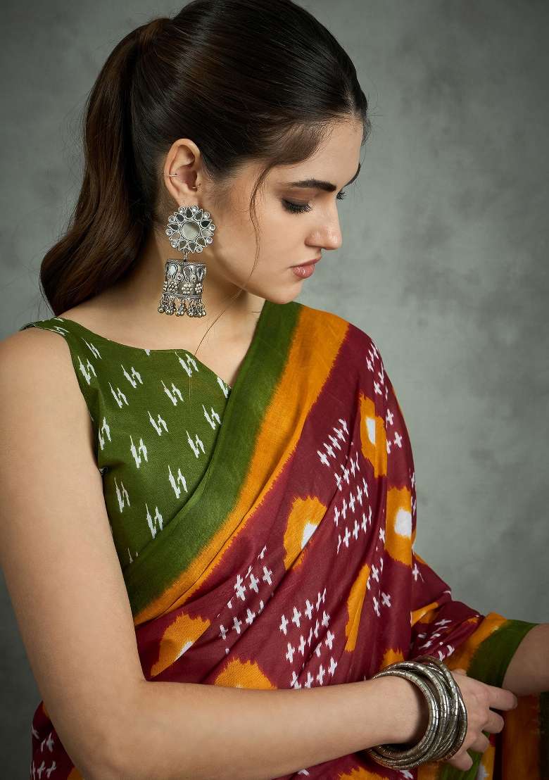 Maroon Printed Cotton Saree Set - Indya