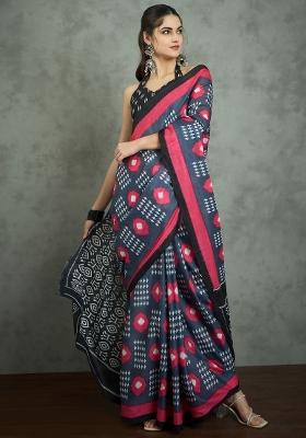 Grey Printed Cotton Saree Set