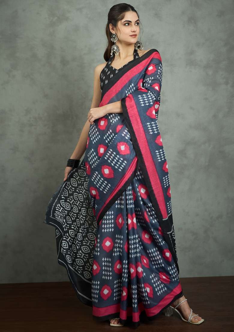 Grey Printed Cotton Saree Set - Indya