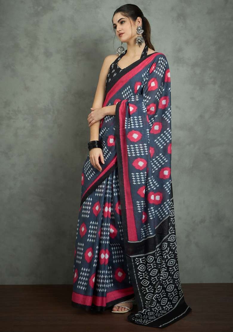 Grey Printed Cotton Saree Set - Indya