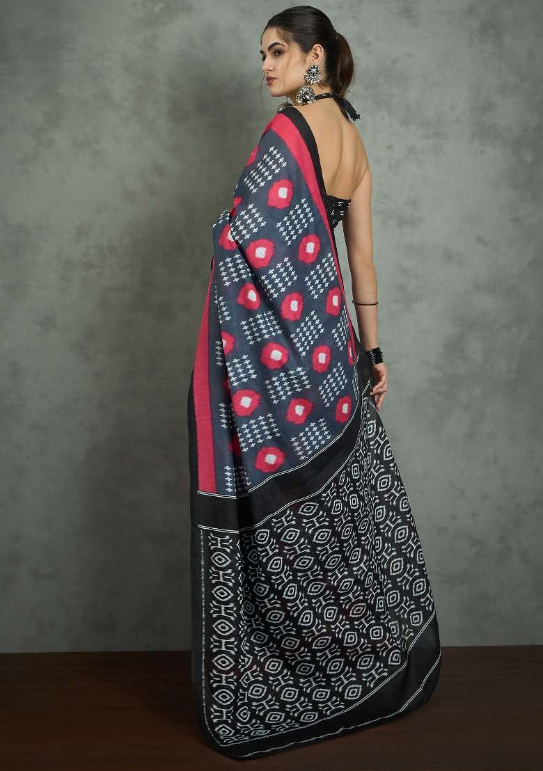 Grey Printed Cotton Saree Set - Indya