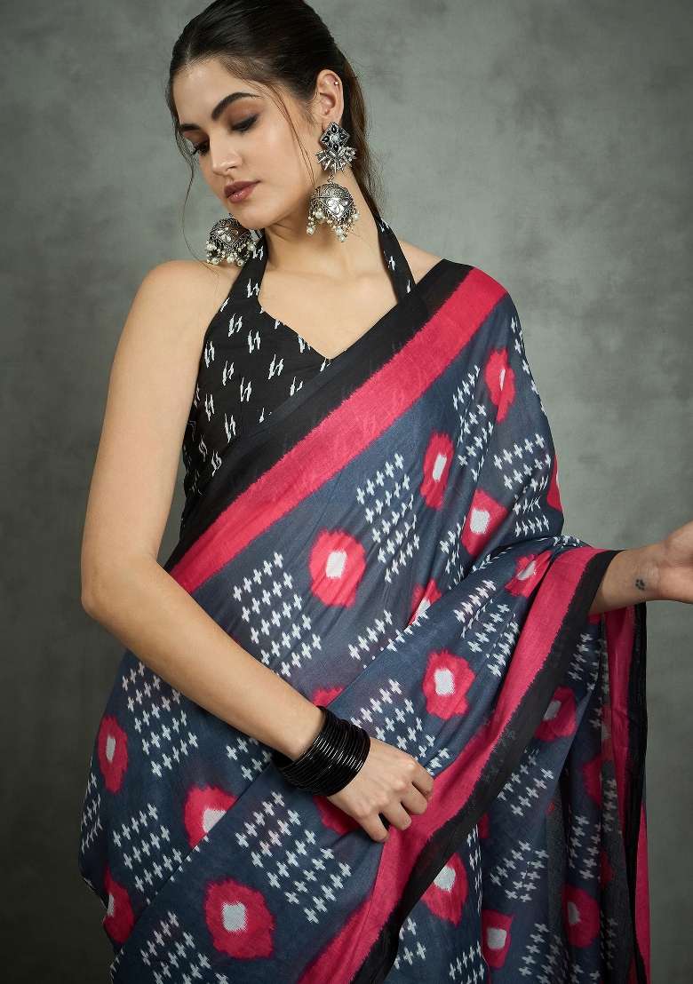 Grey Printed Cotton Saree Set - Indya