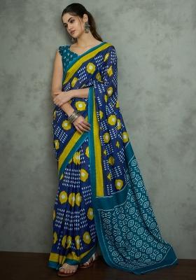 Navy Blue Printed Cotton Saree Set